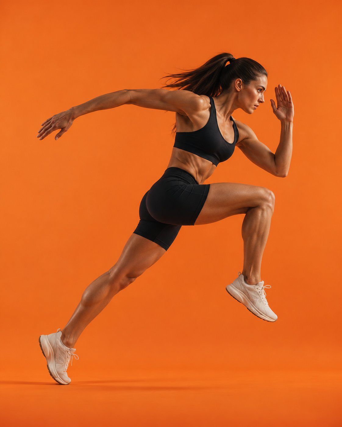 Mulher em corrida de perfil, em passada aberta, de top e shorts escuros, contra fundo laranja liso de estúdio