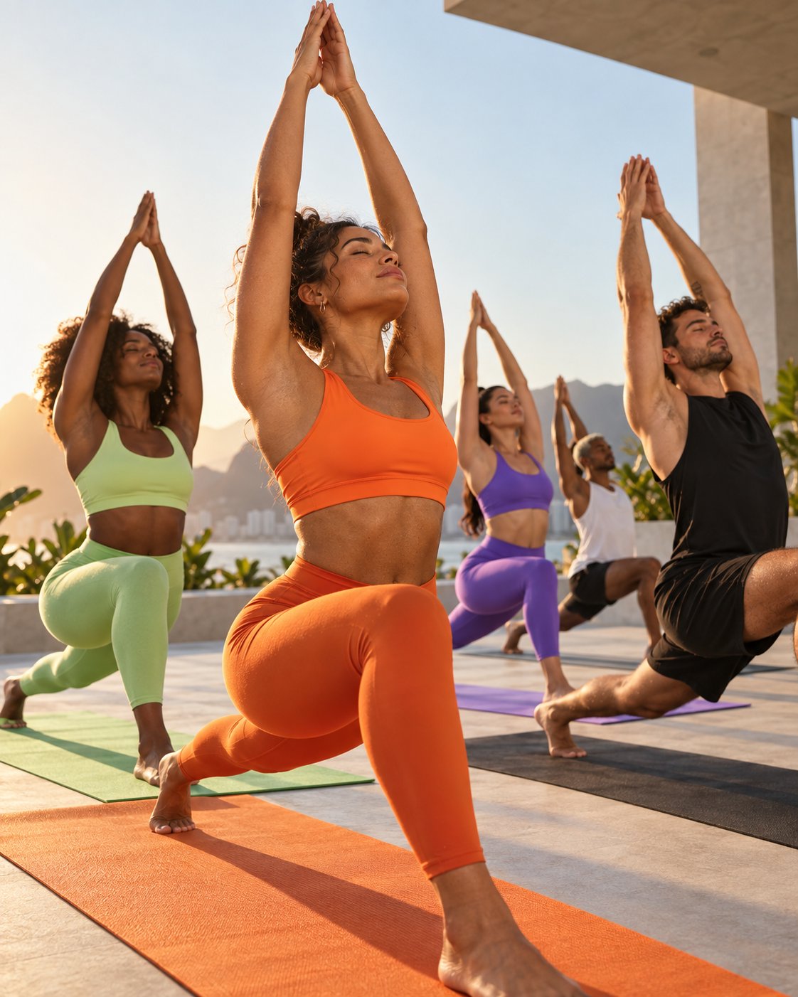Grupo numa aula de yoga ao ar livre, sobre tapetes coloridos, de braços erguidos com as palmas unidas acima da cabeça, com o mar e a luz baixa do fim de tarde ao fundo